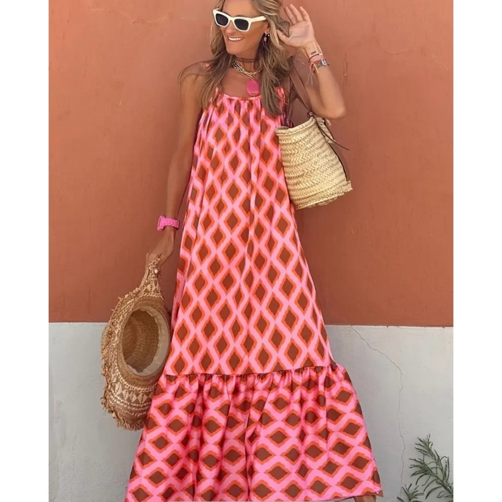 Women’s Pink Geometric Maxi Dress - Sleeveless Summer Dress - Picture 2 of 6